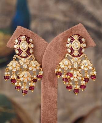 Gold plated red beads polki jhumkas in sterling silver 1