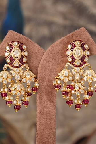 Gold plated red beads polki jhumkas in sterling silver
