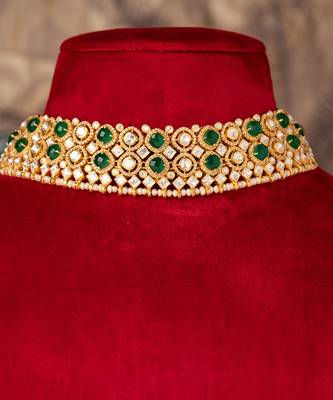 Gold plated  green stone kundan necklace in sterling silver 2