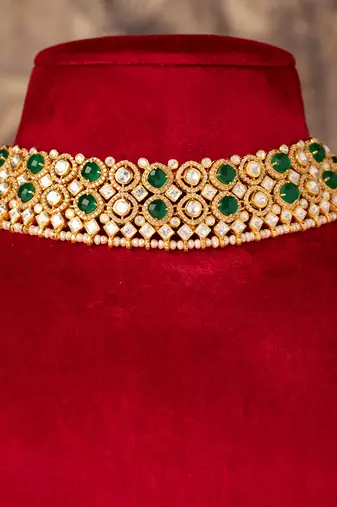 Gold plated  green stone kundan necklace in sterling silver