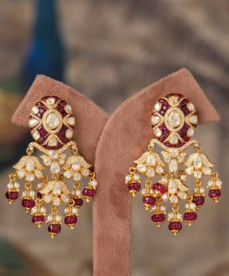 Gold plated red beads polki jhumkas in sterling silver 2