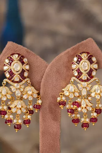 Gold plated red beads polki jhumkas in sterling silver