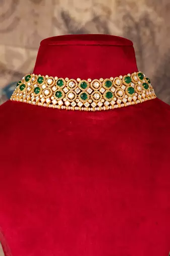 Gold plated  green stone kundan necklace in sterling silver