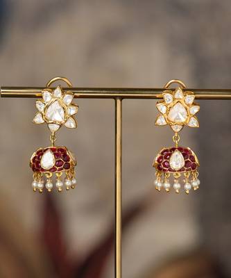 Gold plated red stone polki jhumkas in sterling silver 1