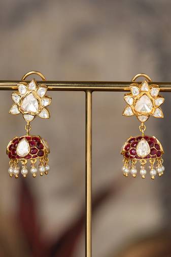 Gold plated red stone polki jhumkas in sterling silver