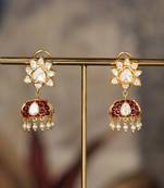 Gold plated red stone polki jhumkas in sterling silver