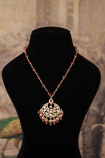 Gold plated  red beads kundan necklace in sterling silver