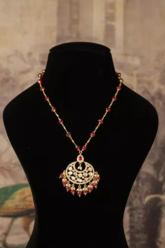 Gold plated  red beads kundan necklace in sterling silver