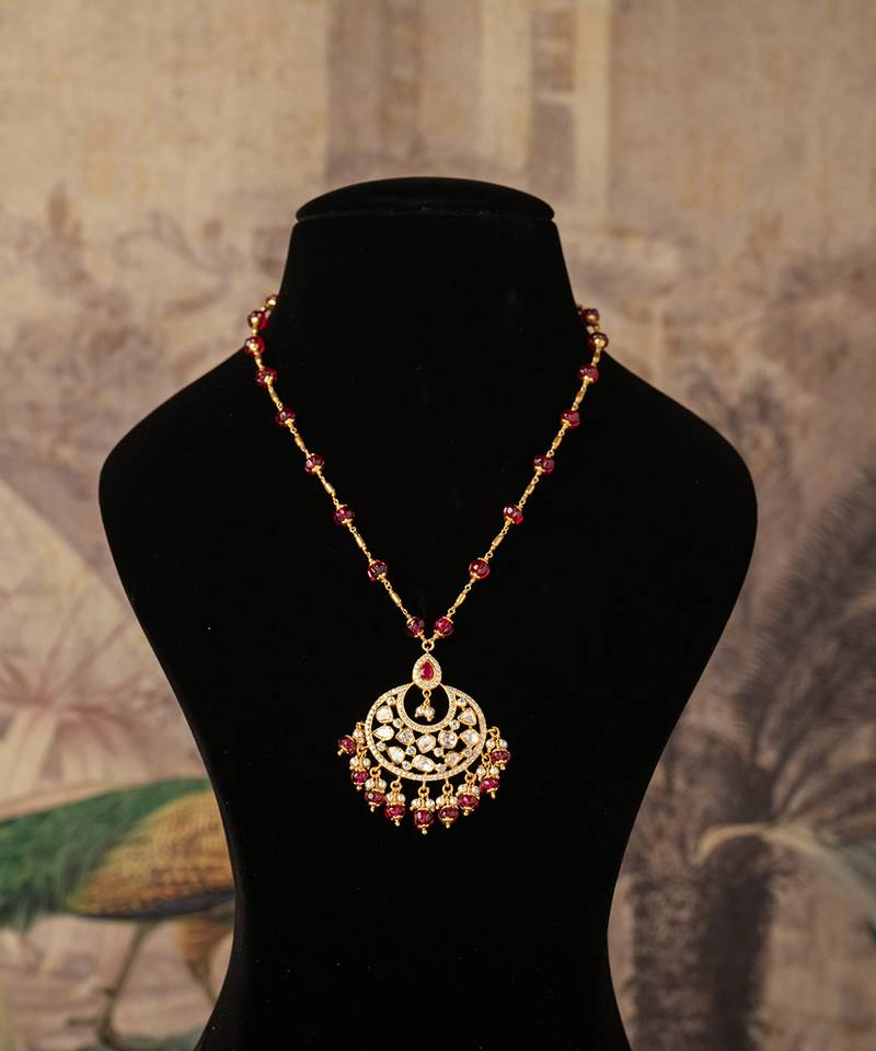 Gold plated  red beads kundan necklace in sterling silver