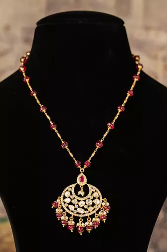 Gold plated  red beads kundan necklace in sterling silver