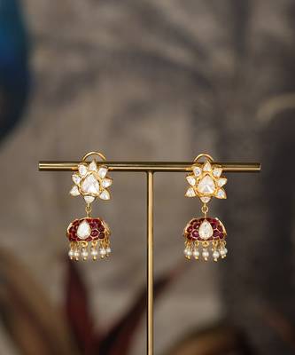 Gold plated red stone polki jhumkas in sterling silver 3