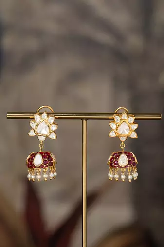 Gold plated red stone polki jhumkas in sterling silver