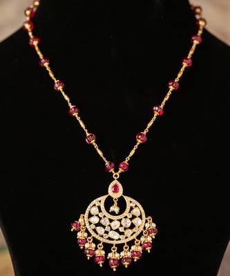 Gold plated  red beads kundan necklace in sterling silver 3