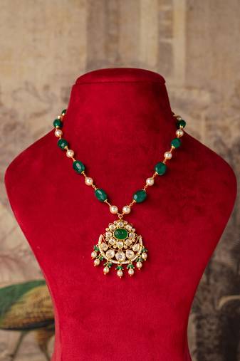 Gold plated  green stone kundan necklace in sterling silver