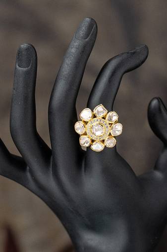 Gold plated kundan ring in sterling silver