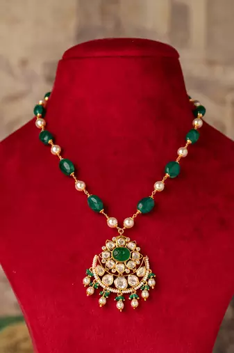 Gold plated  green stone kundan necklace in sterling silver
