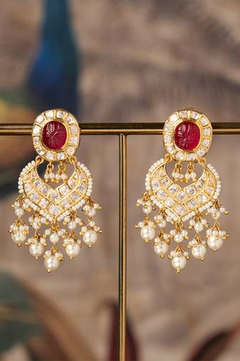 Gold plated red stone jhumkas in sterling silver
