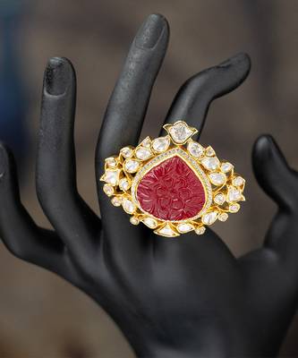 Gold plated red stone kundan ring in sterling silver 1