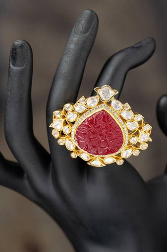 Gold plated red stone kundan ring in sterling silver