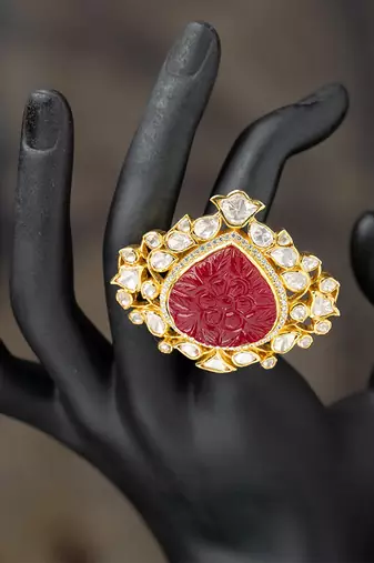 Gold plated red stone kundan ring in sterling silver