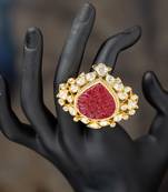 Gold plated red stone kundan ring in sterling silver