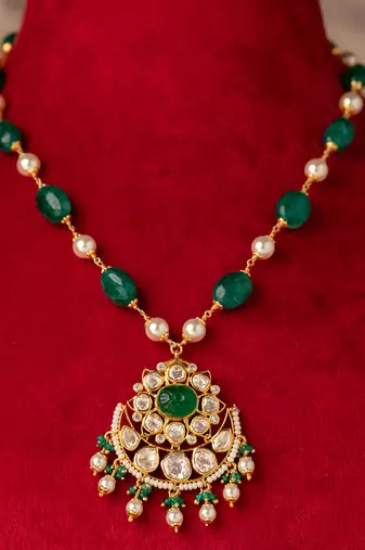 Gold plated  green stone kundan necklace in sterling silver
