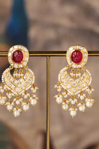 Gold plated red stone jhumkas in sterling silver