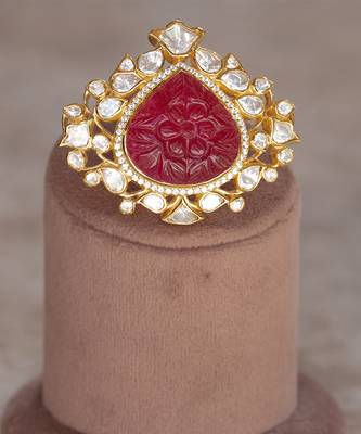 Gold plated red stone kundan ring in sterling silver 2