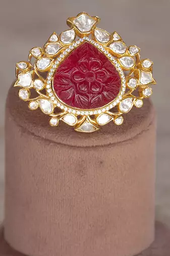 Gold plated red stone kundan ring in sterling silver