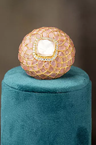 Gold plated  pink stone  kundan ring in sterling silver