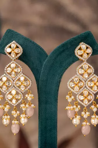 Gold plated pink beads jhumkas in sterling silver