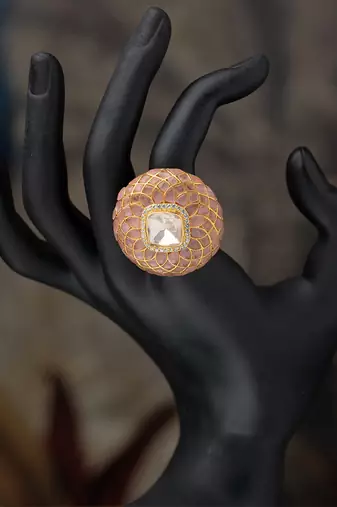 Gold plated  pink stone  kundan ring in sterling silver