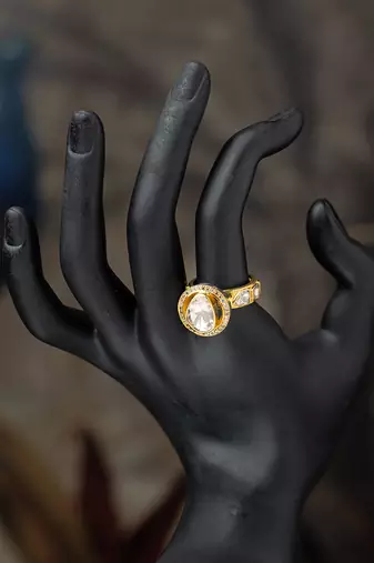 Gold plated kundan ring in sterling silver