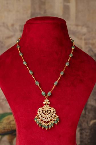 Gold plated  green stone kundan necklace in sterling silver