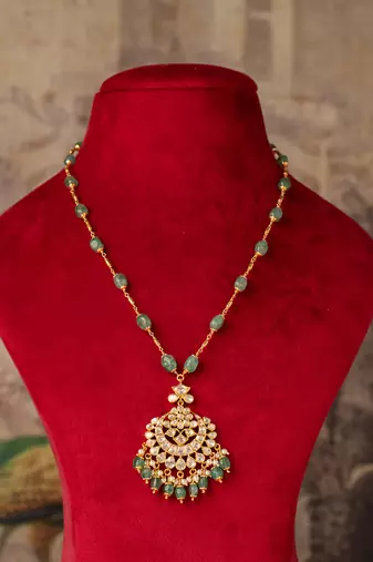 Gold plated  green stone kundan necklace in sterling silver