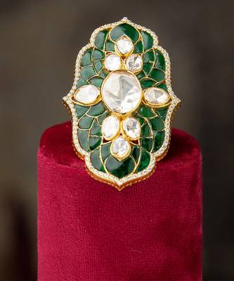 Gold plated green stone kundan ring in sterling silver 1