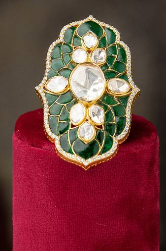 Gold plated green stone kundan ring in sterling silver
