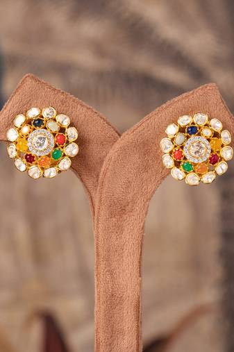 Gold plated multicolor polki studs in sterling silver