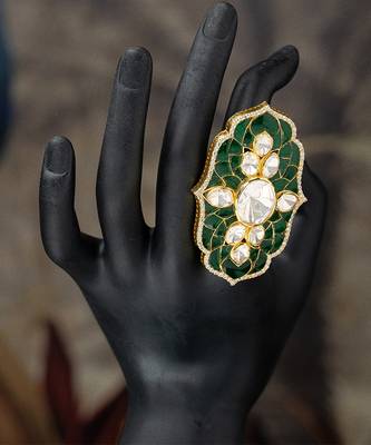 Gold plated green stone kundan ring in sterling silver 2