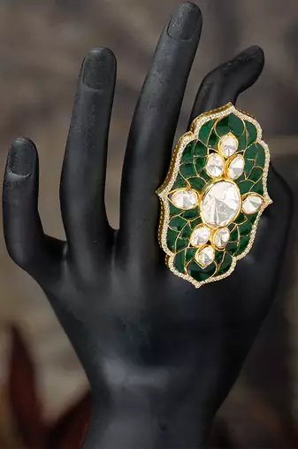 Gold plated green stone kundan ring in sterling silver