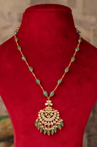 Gold plated  green stone kundan necklace in sterling silver