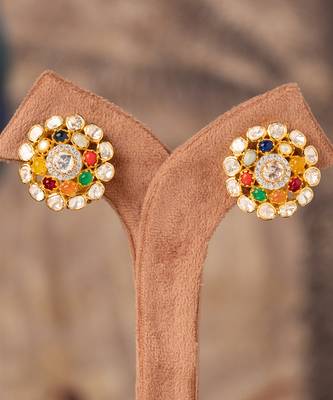 Gold plated multicolor polki studs in sterling silver 2