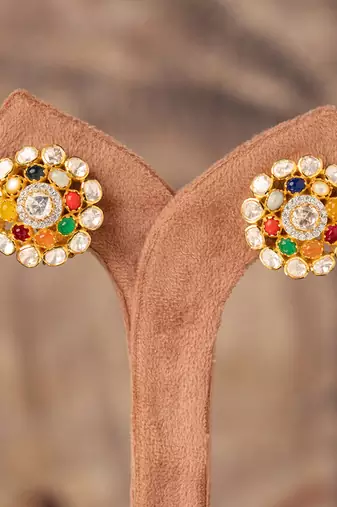 Gold plated multicolor polki studs in sterling silver