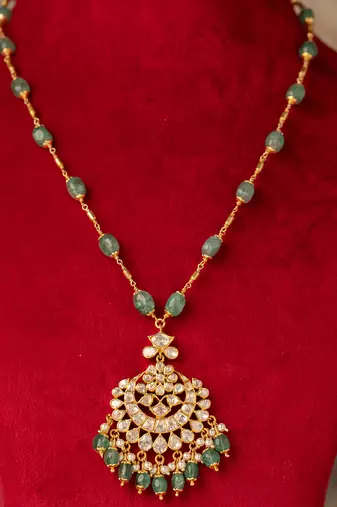 Gold plated  green stone kundan necklace in sterling silver