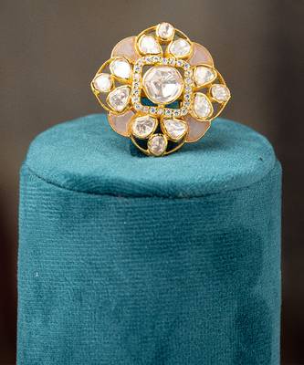 Gold plated  pink stone kundan ring in sterling silver 1