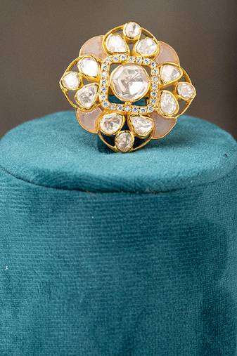Gold plated  pink stone kundan ring in sterling silver