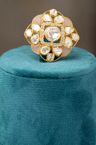Gold plated  pink stone kundan ring in sterling silver