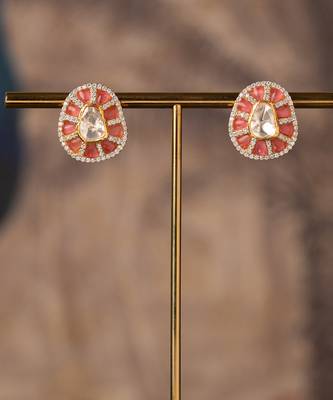 Gold plated pink stone polki studs in sterling silver 1