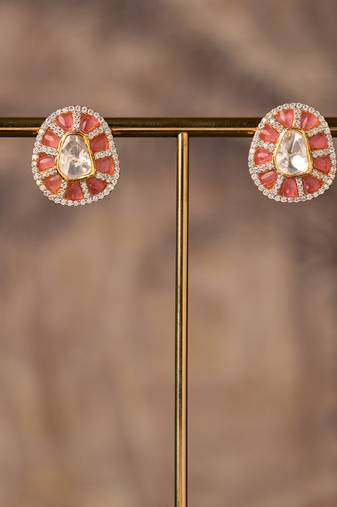 Gold plated pink stone polki studs in sterling silver