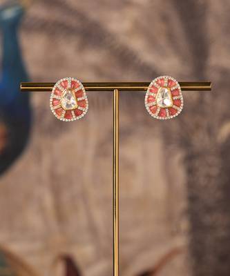 Gold plated pink stone polki studs in sterling silver 2
